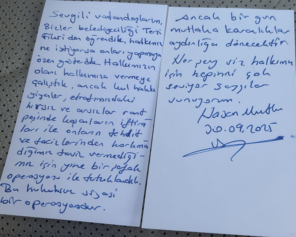 Bayrampaşa Belediyesi Eski Başkanı Hasan Mutlu'nun gönderdiği not.